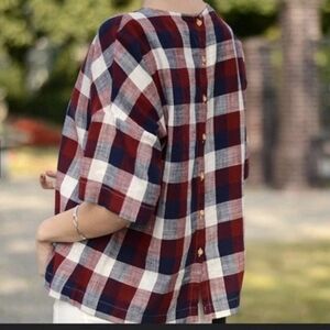 Zara Basic Plaid Shirt 3/4 Sleeves Blouse Checkered Shirt Navy Red Womens Medium